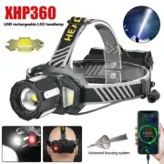 90000LM Super Bright XHP360 LED Headlamp Head Torch Adjustable USB Charging Lamp