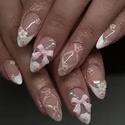 Virellay Almond Fake Nails, Artificial Fingernails, Press On Nails Almond (Pink Bow Flower French, 24 Pieces)