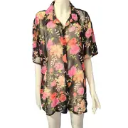 Blouse Sz 20 Pretty Sheer Crushed Chiffon Black W Pink Roses Short Sleeve Button