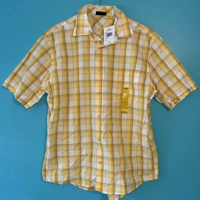 Mens Large Cabela’s Short Sleeve Button Up Shirt Golden Yellow Plaid