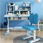 Kids Desk and Chair Set, Children School Table Chair,Kids Study Table with Bookshelf and Foot Pedal, for Home School Kids Writing Reading Drawing Studying(Blue)