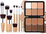 Joyeee Cream Concealer Contour Palette, 12 Colors Foundation Palette Cream Makeup Palette with 11 Pcs Makeup Brush Set, Long Wearing Blendable Full Coverage