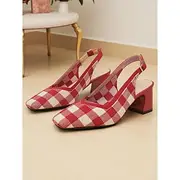 Women's Red Gingham Slingback Block Heel Pumps - Retro Style Knit Dress Shoes for Comfortable Walking, Casual Picnic and Daily Office Wear