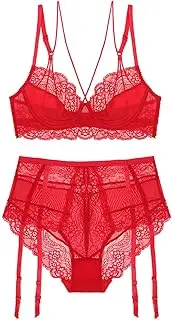 [Generic] Women Garter Lingerie Lace Bra Sexy 2 Piece Lingerie With Garter Belt Set Lace Strappy Fishnet Teddy Babydoll Bodysuit