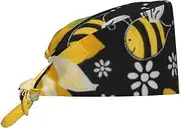 [POCUK] Sunflower Bees Comfortable Cleaning Work Cap Cooking Catering Chef Kitchen Beanie Adjustable Strap Black, Black, One Size