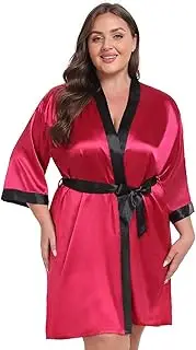 [VASHOP] Women Plus Size Robe Knee Length Satin Kimono Bathrobe Floral Kimonos Sleepwear Dressing Gown, Red, X-Large