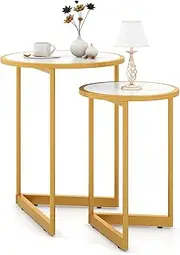Giantex Round Nesting Table Set of 2, Modern 40cm & 30cm Coffee Tables w/Marble-Like Tabletop & Golden Steel Frame, Space-Saving Side Table Nightstand w/V-Shaped Base, White