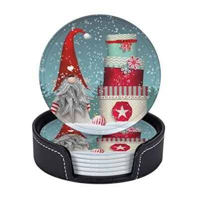 Tomte Leather Coasters for Drinks with Holder 6 Pcs Winter Christmas Gnome