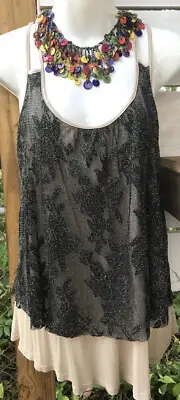 NWT charlotte russe Jr Wm M Shimmer Mesh Layered Stretch Top Rayon Shirt Tpe Blk