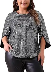 [Agnes Orinda] Plus Size Tops for Women Glitter 3/4 Slit Sleeve Crew Neck Shimmer Sparkle Sequin Party Blouse Tops