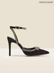 Sosandar Black Suede Diamante Bow Trim Ankle Strap Court Shoes (190711) | $242