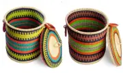 Large Bolga Laundry Basket Lid Storage Leather Strapped Hand-woven From Ghana