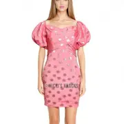 Monique Lhuillier Off the Shoulder Polka Dot Dress Puff Sleeves Pink Gold Sze 12