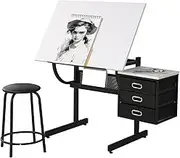 KELLIGO Drafting Table, Art Desk Drawing Table for Adults, Plan Table with 75° Tilted Tabletop/Drafting Stool and Storage Drawer for Reading, Writing, Crafting, Painting Art