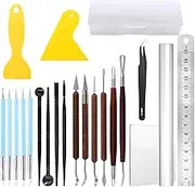 (21Pcs) - Glarks 21Pcs Carving Modelling Clay Sculpting Tool Set Including Pottery Sculpture Tool, Silicone Tip Pen, Dual-End Dotting Clay Tool, Scraper, Tweezers, Ruler, Acrylic Clay Roller, Acrylic Sheet