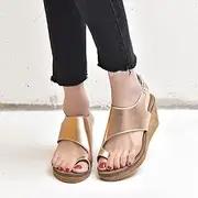 [XWCG] Womens Wedge Flip Flops Sandals with Arch Support Summer Comfortable Platform Bunion Corrector Shoes Open Toe Buckle Ankle Strap Leather Sandal,Gold,US11/EU43