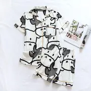 Couple Matching Pajama Set: Short-Sleeve Cow Print Shirt + Shorts Set of 2 - Shirt & Shorts - Women - White - M