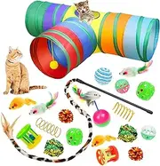 KAPASKI Cat Toys Kitten Toys Set, Collapsible Cat Tunnels for Indoor Cats, Interactive Cat Feather Toy Fluffy Mouse Crinkle Balls Cat 3 Way Tube Tunnel Toys Kitty Toys for Cat Puppy Kitty Kitten, 20Pcs