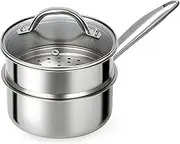 Ohtomber Stainless Steel Sauce Pan - Tri-Ply 1.5 Quarts Steamer for Cooking, Small Cooking Pot with Steamer Basket, Sauce Pan with Lid, Non Stick Saucepan, Induction Steam Pot for Vegetable, Oatmeal
