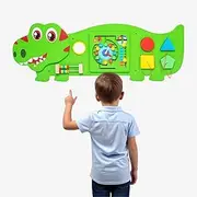 Montessori Busy Board Wall Panel, Wooden, Tyrannosaurus Rex Sensory Activities - Maze, Gears, Xylophone, Shapes, Animals, Dinosaur Design, 36 inches（Green）