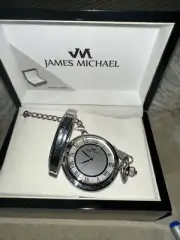 James Michael Quartz Pocket Watch Silver Roman Numerals In Jewelry Valet Box