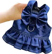 Qiansail Dog Denim Dresses, Summer Dog Skirt with Leash Ring and Cute Bow Knot Cat Girls Clothes Pets Female Outfits for Puppy Kitten (M)