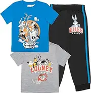 [Warner Bros] Looney Tunes Boys 3-Piece Set, Two Short Sleeve T-Shirts & Jogger Pants 3-Pack Bundle Set for Kids
