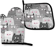 Abucaky Cute Cats Oven Mitts and Pot Holders Insulated Gloves & Kitchen Counter Safe Mats for Cooking BBQ Baking Grilling (2-Piece Set)