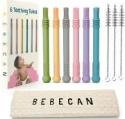 BEBECAN Baby Teether Toy 6 SOFT SILICONE Tubes , 3 Cleaning Brush & Bag