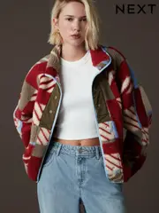 Beige/Red/Khaki Green Abstract Print Woven Mix Teddy Borg Fleece Popper Front Jacket (E32679) | $58