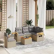 6 Piece Patio Rattan Garden Sofa Set with Cushions - Beige, PE Rattan Wicker Outdoor Furniture Including Modular Chairs, Side Table, Storage Function, Washable Covers
