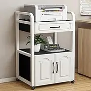 YVYKFZD Mobile Printer Stand, 3/4 Tiers Printer Table with File Cabinet, Heavy Duty Printers Shelf with Storage Shelf and Drawer, for Office Home Classroom(White+Black,3 Tiers)