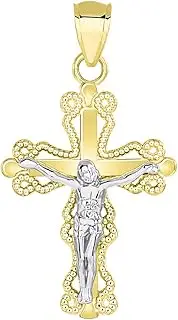 [Jewelry America] 14k Two Tone Gold Milgrain-Edged Religious Cross Small Crucifix Pendant