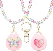 XEEWEN 2 Pack Kids Necklace Holder for Airtag, Cute Girls Butterfly and Heart Shape Pink Necklace Case Cover for Apple Airtag