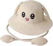 [simhoa] Bunny Straw Hat Caps Sun Hat Cute Protection with Ears Moving Sunscreen Hat Fisherman Caps for Festivals Parties Fancy Dress Trips Women