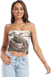 [RPLIFE] Cute Winter Moose Cropped Tube Top Mesh Tube Tops, Strapless Crop Top, Summer Tube Tops for Women (S)
