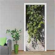 Door Stickers Modern Green Leaf Wall Tile Door Sticker Living Room Bedroom PVC Self-Adhesive Waterproof Mural(95x215cm)