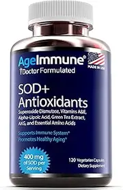 SOD Antioxidants Complex Healthy Aging Supplement, 400mg of Superoxide Dismutase, Alpha Lipoic Acid, Green Tea Extract, L-Arginine, Lysine, AKG, Vitamins A and E for Immune Support-120 Capsules