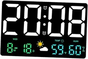 ADOCARN Large Digital Humidity Temperature Wall Clock with LED Display Multi Function Alarm Clock and Weather Indicator for Home and Easy Reading