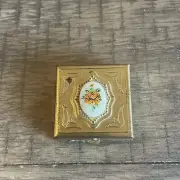 Vintage Flower & Alabaster Gold Tone Metal Square Hinged Trinket Pill Box Case