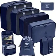 [SUNYFUNY] 8 Pcs Travel Packing Cubes Set with Shoe & Electronics Bags, Breathable Water-Resistant Mesh Suitcase Organizers, Lightweight Luggage Accessories for Family-Camping Trips (Blue)