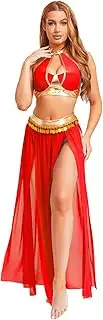 [Yihuimin] Womens Belly Dance Costume Halter Backless Crop Top Split Mesh Skirt Sequin Tassel Rave Outfit