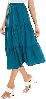 [DIASHINY] Women's High Waist Elastic Waist A Line Solid Pleated Tiered Long Skirt