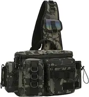 [TopHomer] Fishing Tackle Bag Backpack with Rod Holder, Portable Fishing Bag, Large Capacity Tool Carrier Cross Body Sling Bag for Fishing Lure, Bait, Sea Fishing Gear, Camouflage Green