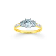 9ct Gold Aquamarine & Diamond Trilogy Shoulder Ring. in Blue