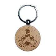 Delightful Kawaii Chibi Birthday Frog Toad Holding Gift Engraved Wood Keychain