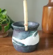 Raku Pottery Vessel w/ Bamboo Handle Basket Artist Signed