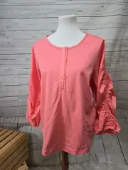 NWT Chico's Rouched 3/4 Sleeves Knit Mix Tee Size 2 (L) Conch Shell Solid Coral