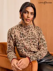 Love & Roses Brown Animal Print High Neck Knitted Jumper (AD7549) | $71