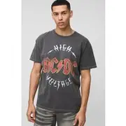 Mens Charcoal Oversized Washed AC/DC High Voltage License Printed T-Shirt
